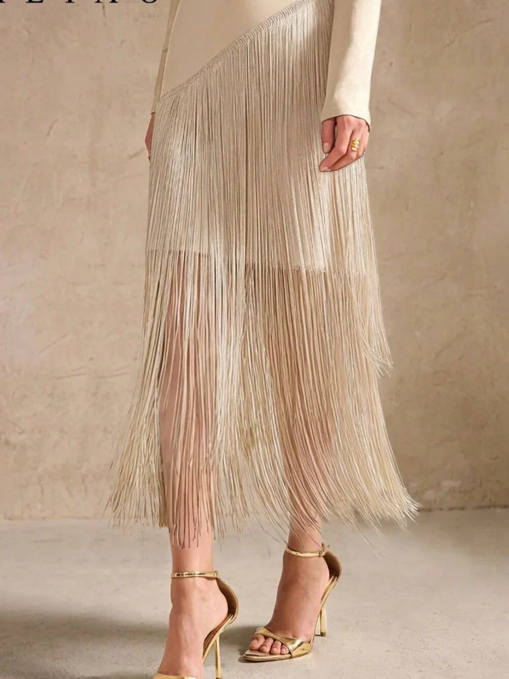 Champagne Elegant Women's Tassel Turtleneck Long Sleeve Dress, - Picture 2 of 5